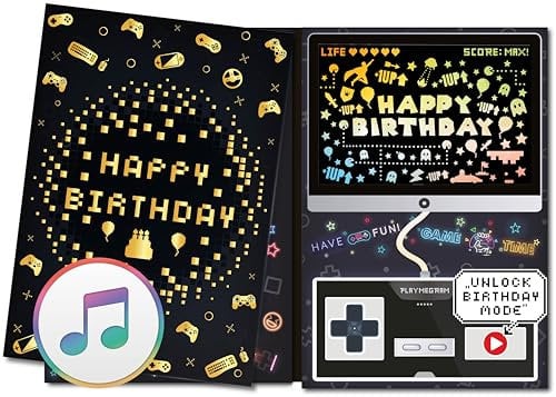 Gaming-Musikkarte, Bildschirm mit LED-Lichtspiel, 8-Bit Musik, Controller mit Playtaste, wiederaufladbarer Akku, Spaßige Geburtstagskarte