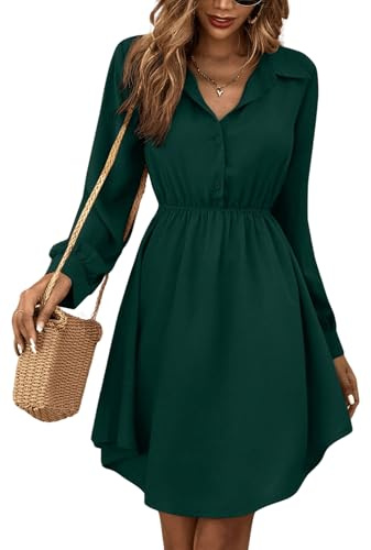 GORGLITTER Damen Hemdkleid Elegant Blusenkleid Langarm A Linie Tunikakleid Shirtkleid mit Knöpfen Dunkelgrün S