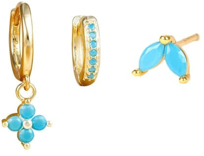 Turquoise earrings Small Gold Huggie Hoop Earrings Set for Women 14K Gold Plated Cartilage Multiple Piercing Jewelry Hypoallergenic Sleeper Lightweight Dainty Earrings (A-Gold Turquoise Earrings)