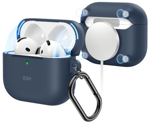 ESR für AirPods 4 Hülle, kompatibel mit AirPods 4. Generation (2024) (USB-C), Magnetischer Deckel, Unterstützt kabelloses Laden, Schutzhülle mit Karabinerhaken, Cloud Serie, Blau