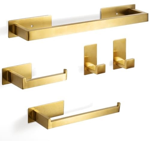 Virklyee Set Porta Asciugamano 5 Pezzi 43CM Portasciugamani in Acciaio Inox Porta Carta Igienica 2 Gancio per Asciugamani Montaggio a Parete Set Accessori da Bagno, Autoadesivo, per Cucina Bagno(Oro)