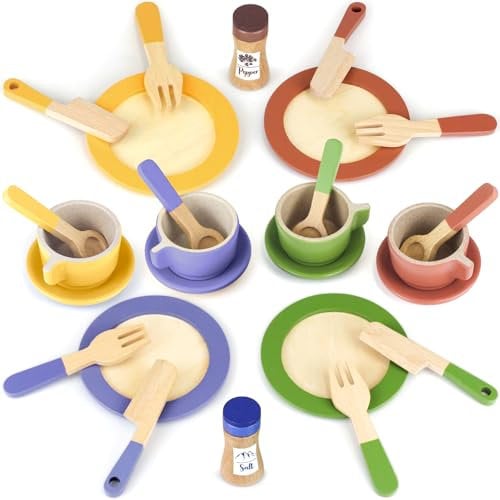 Wooden Toy Plates and Dishes Kitchen Cutlery Set