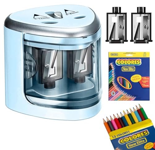 Elektrischer Anspitzer mit 24 Buntstiften, Behälter und 2 Löchern (6-8mm / 9-12mm) für Dicke und Dünne Stifte - für Heim, School und Student