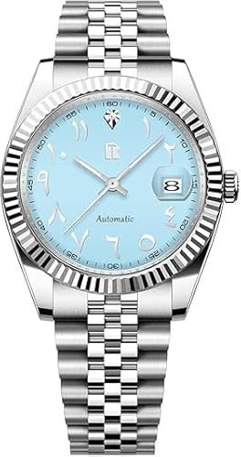 TAYSHILEY Herrenuhren 39 mm Automatik Edelstahl Mechanische Armbanduhr für Männer Arabische Ziffern Zifferblatt Schraubkrone Auto Datum (Blue RT-128New)
