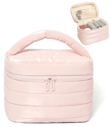Prite Kosmetiktasche Tragbare Kulturtasche Damen Steppgepolsterte Make Up Tasche Leicht Reise Kulturbeutel (Rosa)