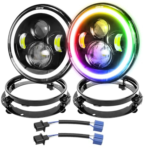 PICAA 2x 7 Zoll Runde LED Scheinwerfer Mit Rundring Halterung, 50W 5000LM RGB Weiß 4 Modi Feuer Kreuz DRL HI LO Strahler Offroad Beleuchtung für Auto Wrangler JK TJ LJ CJ Humm-er