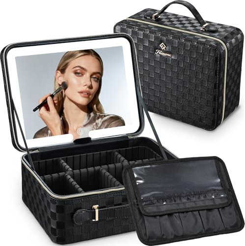 Makeup Bag with LED Mirror, Travel Make up Organizer Box Portable Makeup Case Cosmetic Bag Vanity Cases with Adjustable Compartment, 3 Color Modes Light Up Mirror Make Up Case, Gift for Women