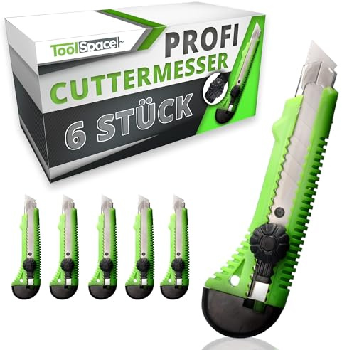 ToolSpace 6x Cuttermesser PROFI Stanleymesser Teppichmesser 18mm Gummi Griff Robuster Konstruktion Carbonstahl 7-Segment Klinge SUPERscharf CutterMesser Besser als Einweg Stanley-Messer Tapetenmesser