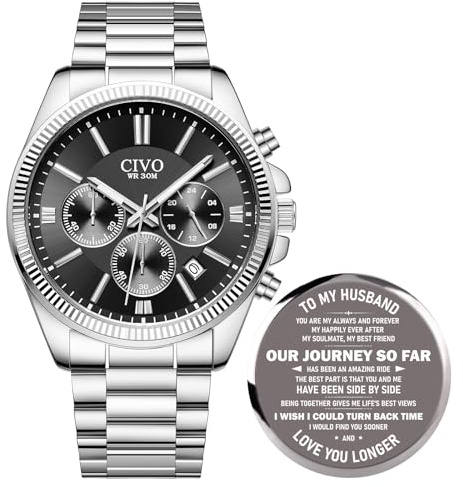 CIVO Gifts for Husband Watches Men: Romantic Valentine's Day Anniversary | Wedding Christmas Birthday Present for Him - Husband Hubby Gifts from Wife Personalized - Stylish Silver Chronograph Watch