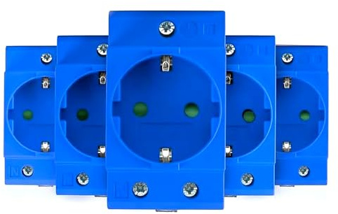 Schuko Steckdose [GS16] für Hutschiene 16A 230V 2P+E – 5er Pack Blau – Einbausteckdose für Verteilereinbau, Schaltschrank & Zählerschrank – Schutzkontaktsteckdose für 35 mm DIN-Trägerschienenmontage