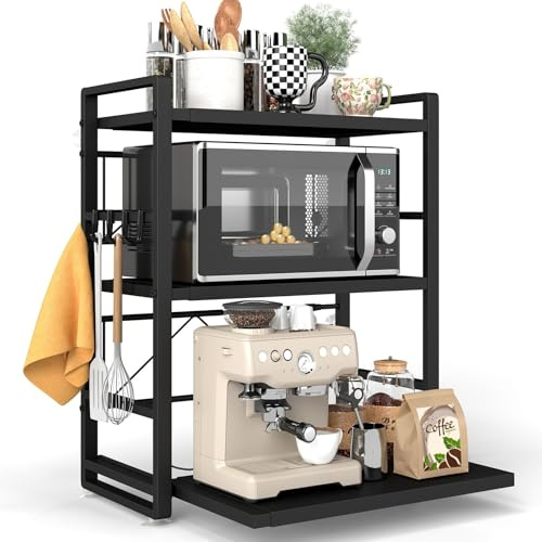 BeSokar Scaffalatura per microonde a 3 ripiani, regolabile in altezza ed estraibile, con cassetto, in acciaio al carbonio, con ganci e ventose di rinforzo, scaffale da forno (nero)