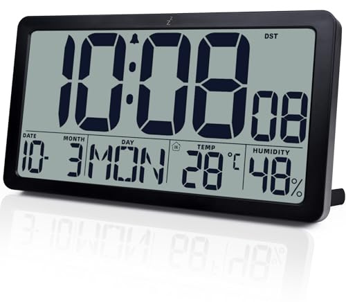 QINYUNE 10.5 inch Large LCD Display Digital Alarm Clock with Temp and Humidity, Battery Operated Wall Clock, Auto DST, 57 Ringtones, Ideal for Seniors