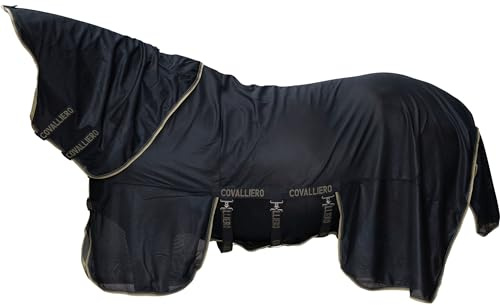Covalliero - Coperta antimosche con collo FS26 - Coperta per cavalli con cinghie trasversali rimovibili e patta per la coda - Coperta traspirante per pascolo, trasporto e stalla - Coperta in nero