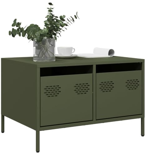 PUGYNBK Industrial Style TV Cabinet with 2 Drawers, Cold-Rolled Steel Frame, Adjustable Screw Feet for Stability, Olive Green TV Stand 68x50x43.5 cm