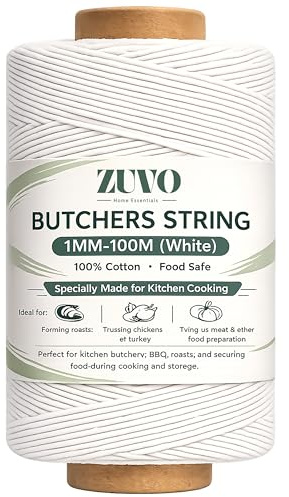Zuvo Ficelle de Boucher de 100 m – Ficelle de Cuisine en Coton Blanc pour Viande, Dinde et rôtis | Ficelle de Cuisine pour la Cuisson et la Fabrication de saucisses | Ficelle en Coton de qualité