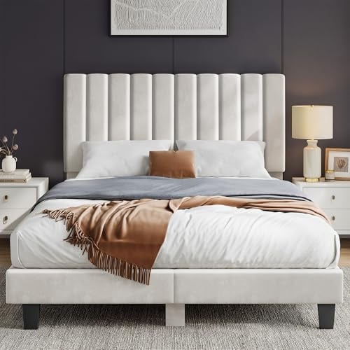 INRE Lit Double 180 x 200 cm avec Sommier à Lattes, Cadre de Lit Rembourré en Velours Blanc Miel, Tête de Lit Réglable en Hauteur, Structure Métallique Stable et sans Bruit, Charge Max 350 kg