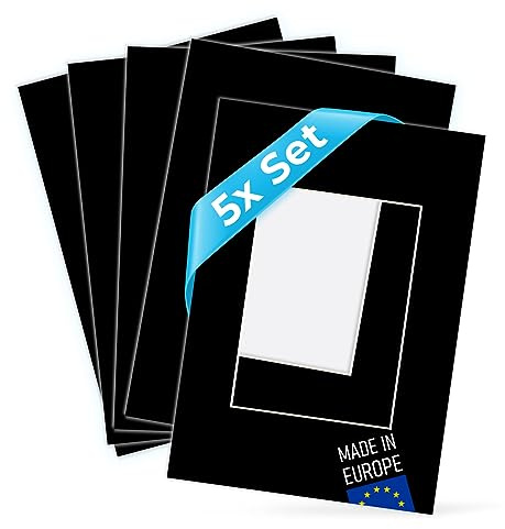 PHOTOLINI Passepartout 13x18 aussen für 9x13 innen, 5X säurefrei 1,5 mm Passepartout Karton Schwarz, alterungsbeständige Schrägschnitt - Passepartouts, Präsentation & Schutz von Bildern und Fotos