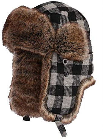 Insun Unisex Fliegermütze Warme Trappermütze Wintermütze Fellmütze Erwachsenen Winter Mütze für Herren und Damen Plaid Grau L Hut Umfang 56cm