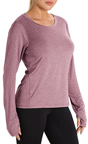 icyzone T-Shirt de Sport à Manches Longues Femme Running Hauts avec Trous de Pouce (L, Vieux Rose)