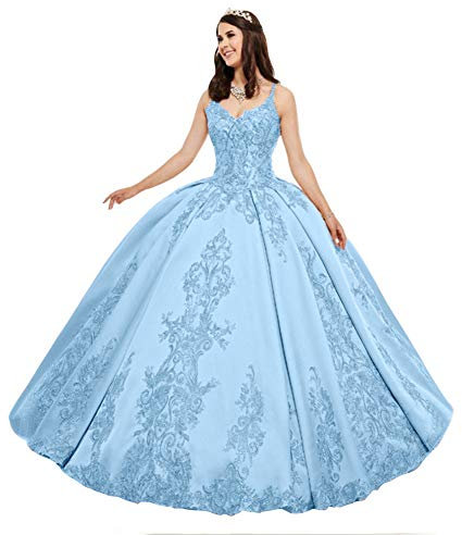 Snow Lotus Vestido de quinceañera con tirantes delgados para mujer, vestido de fiesta de satén con cuentas, azul celeste, 48