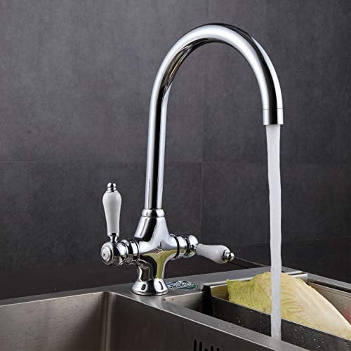 Modern Kitchen Mixer Tap with White Ceramic Dual Lever 360 Degree Monobloc Swivel Spout Brass Body Chrome Finished Kitchen Sink Taps with 2 Hoses and UK Standard Fittings
