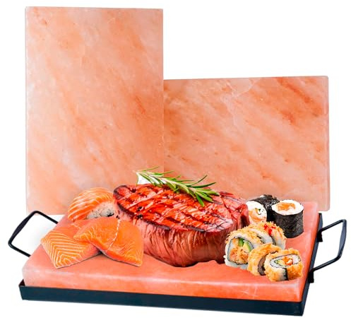 Focus Nutrition Placa de parrilla con bloque de sal del Himalaya rosa con bandeja de metal para cocinar y servir
