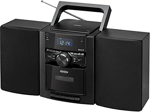 JENSEN 10-Watt Portable Bluetooth Home Stereo System with Detachable Speakers, CD/Cassette Players, AM/FM Radio, Alarm Clock, and Remote (CD-785)