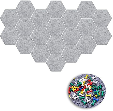 20 Stück Pinnwand Sechseck Filzplatte Fliesen Schwarzes Brett mit 20 Stück Pushpins, Filz Pinnwand Sechseckig Filzboard für Notizen, Bilder(Grau)