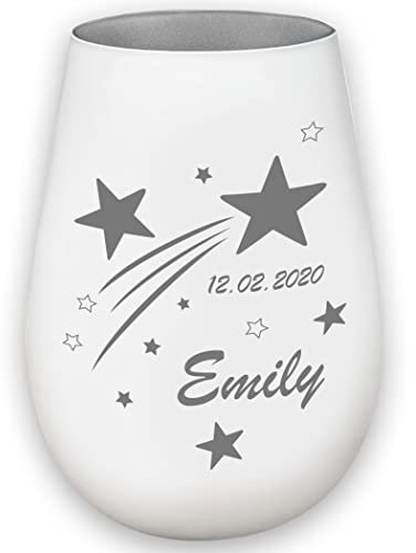 Sternenkind Trauerlicht Sternschnuppe - weiß/Silber - Gedenklicht Teelichtglas personalisierbar Erinnerung Trauergeschenk mit Name und Datum