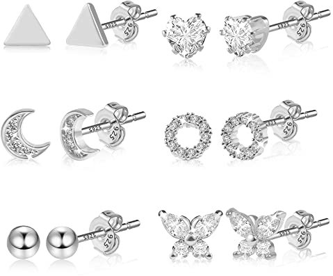 ALEXCRAFT Weißgold Ohrstecker Silber 925 Ohrringe Set For Damen Herren Cubic Zirkonia Hypoallergen Klein Sleeper Stud Set 6 Paar