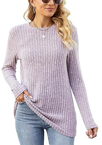 Famulily Long Sleeve Tops Women Round Neck Cute Soft Knit Longline Tunic Jumpers Pink M