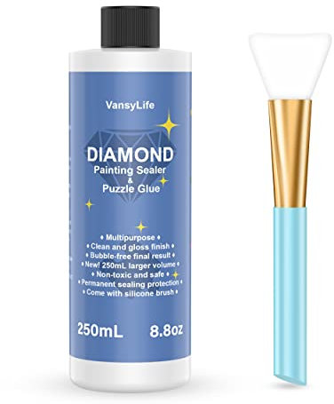 VansyLife Updated Diamond Painting Sealer 250ML with Silicone Brush, 5D Diamond Painting Glue Accessories Permanent Hold & Shine Effect for Diamond Painting and Jigsaw Puzzles (8.8 OZ)