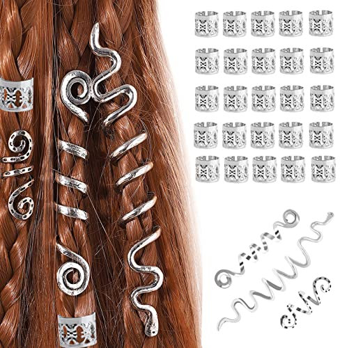28 Pièces Perles De Cheveux Vikings Spiral Coils,Perles Dreadlocks En Métal,Bijoux Cheveux Tresse en Métal,Bijoux Spirales Pour Cheveux Style Viking Pour Hommes Femmes(Argent)
