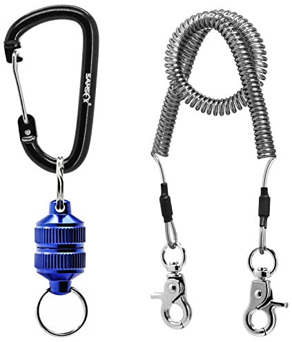 SAMSFX Fishing Strongest Magnetic Net Release Magnet Clip Holder Retractor with Coiled Lanyard (Vertical Stripe Grip, Blue)