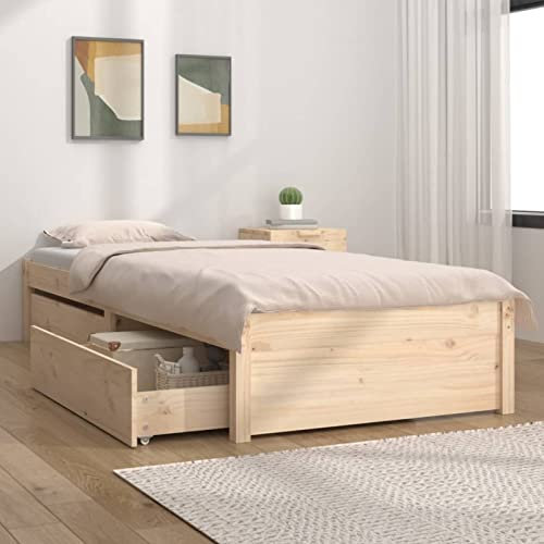 Homgoday Bett mit 2 Schubladen Stauraumbett Bettrahmen Holzbett Schubladenbett ohne Kopfteil Gästebett Einzelbett mit Stauraum Bettgestell für Schlafzimmer Gästezimmer 90x190 cm