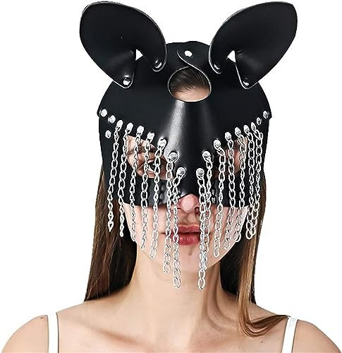 Katzenmaske PU Leder Halloween Maske Sexy Catwoman Halbmaske Punk Ledermaske Katzen Fuchs Tiermaske Halbgesicht Katzenkopfmaske mit Ohren Fuchsmaske Venezianisch Partymaske für Damen Mädchen Schwarz