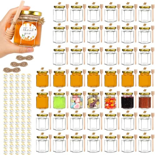 AuroTrends 3oz Mini Honey Jars 48-Pack with Lids & Wooden Dippers