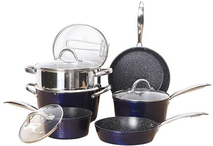 Kitchen Academy Pots and Pans Set Nonstick - 15 Pieces Induction Cookware Sets, Blue Hammered Induction Kitchen Cooking Pans Set