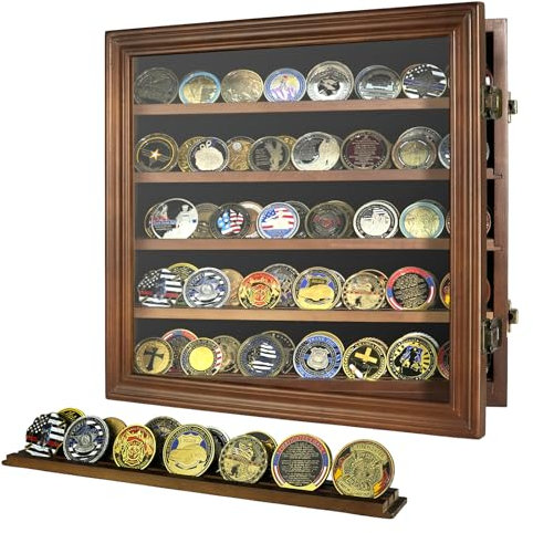 DecoWoodo Militärische Herausforderung Münzvitrine mit HD-Glastür - 5 Reihen Medaillen-Vitrine Schrank Rack Shadow Box mit abnehmbaren 2 Rillen Regale Poker Chips Münzhalter für Sammler, Walnuss
