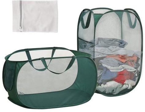 2 Stück Faltbarer Tragbar Wäschekorb, Pop-Up Wäschekorb mit Griff & Seitentaschen, 75L Großer Kapazität, Household Laundry Baskets, Pfandflaschen Aufbewahrung, Dreckwäsche Sammler(Grün, 36x36x58 cm)