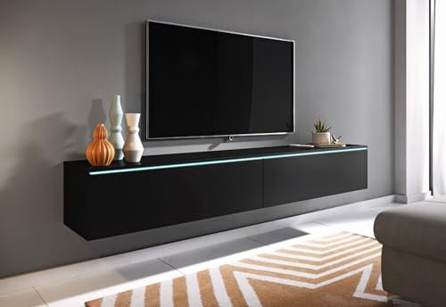 MINIO go for it - Meuble TV Donna, Largeur 180 cm, Lowboard TV, Debout ou Suspendu, Meuble Salon, Panneaux de Particules stratifiés, Style Moderne, Graphite Noir - Éclairage LED