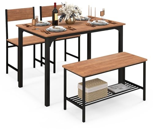 GIANTEX Juego de Mesa y Sillas de Comedor, Mesa de Comedor con 2 Sillas y 1 Banco, Diseño Industrial, Conjunto de Comedor para 4 Personas, para Comedor, Cocina (Marrón)