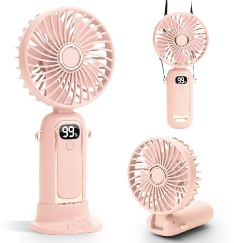 Yeahchic Handheld Fan, Portable USB Desk Fan with 5 Speeds, Rechargeable Mini Fan with LED Display for Stylish Girl Women Men Home Office Travel - Pink