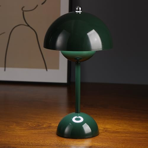 Nusogon Modern Decor Flowerpot Lamp, Cordless Mushroom Table Lamp, 3 Color Stepless Dimmable Touch Lamp, Rechargeable Battery Operated Portable LED Lamp, Dark Green