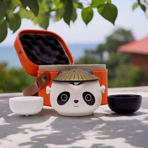 Kung Fu Panda Teapot Set - Two Cups - Travel Pack | Charming Ceramic Teapot with Panda Face and Paw Prints | Unique Tea Set with Stainless Steel Infuser and Travel Case