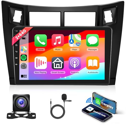 2G 64G Android 13 Radio de Coche para Toyota Yaris 2005-2011 9 Pulgadas Pantalla Táctil Radio con Wireless Carplay Android Auto Navi GPS Mirror Link Bluetooth FM/RDS Radio WiFi USB+ Cámara Trasera