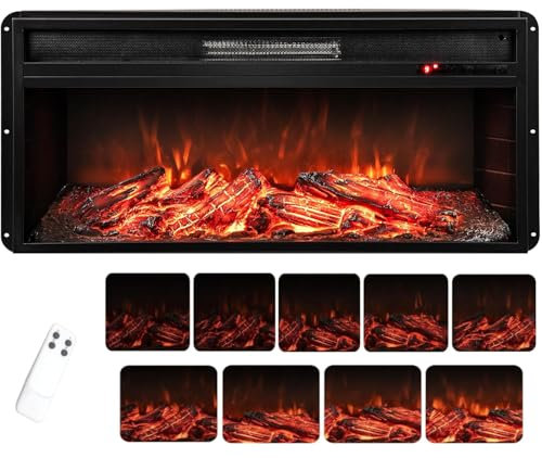 TANGZON 20”/25/36'' Recessed Electric Fireplace, Wall Mounted Freestanding Fire Heater with Flame Colors, Brightness, Remote Control & Thermostat (36, 900W/1800W, 1 Flame Color, 9 Brightness)
