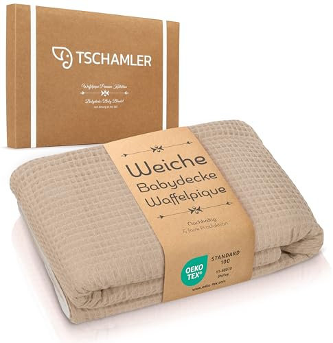 TSCHAMLER® Babydecke 80x100 cm – leicht & atmungsaktiv aus Musselin & Waffelpique, Oeko-TEX® Zertifiziert, Baumwolldecke in edler Geschenkbox, Baby Decke Baumwolle – Beige