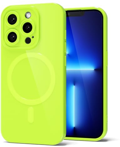 Svanove for iPhone 13 Pro Max Phone Case Silicone Magnetic, Compatible with Magsafe Case Cute for Women, Girly Bright Color Glossy Jelly Thin Slim Hard Mag Safe Rubber & Camera Cover, Neon Green Lime