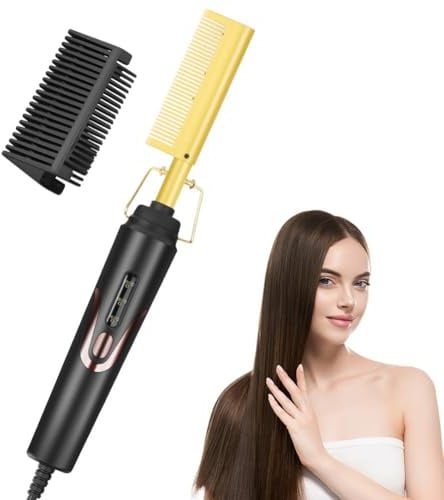 flintronic Elektrischer Heißkamm Haarglätter Bürste, 2 in1 Elektrische Kamm, Haarglätter Glättbürste für Perücken, Automatische Abschaltung, Doppelspannung für Reisen und Heimgebrauch (Gold)